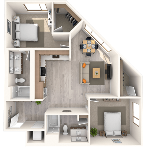 Floor plan for 2 beds, 2 baths, 1085 sqft