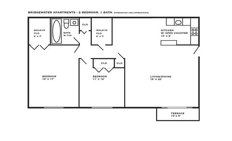 Floor plan for 2 beds, 1 bath, 1080 sqft