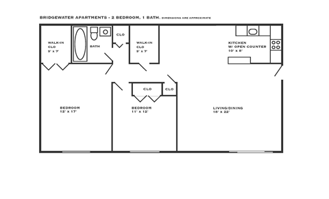 Floor plan for 2 beds, 1 bath, 1080 sqft