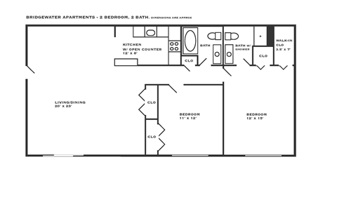 Floor plan for 2 beds, 2 baths, 1128 sqft