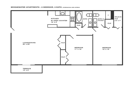 Floor plan for 2 beds, 2 baths, 1128 sqft