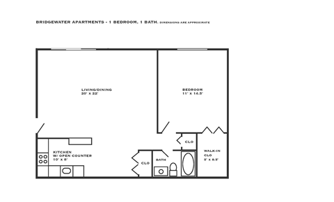 Floor plan for 1 bed, 1 bath, 864 sqft