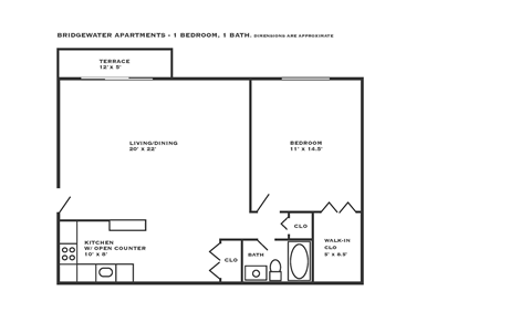 Floor plan for 1 bed, 1 bath, 864 sqft