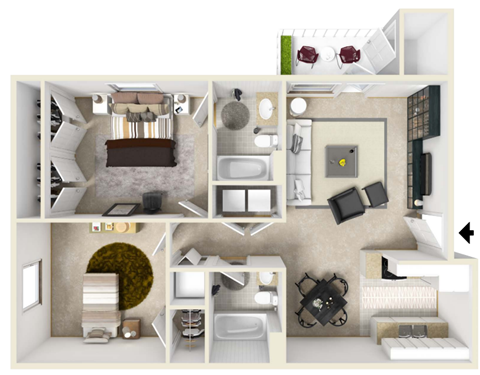 Floor plan for 2 beds, 2 baths, 904 sqft