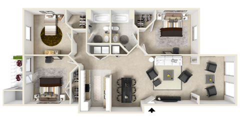 Floor plan for 3 beds, 2 baths, 1451 sqft