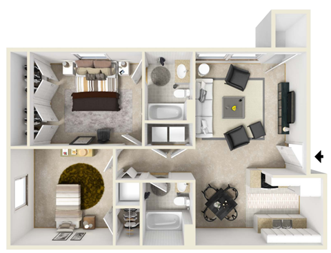 Floor plan for 1 bed, 1 bath, 821 sqft