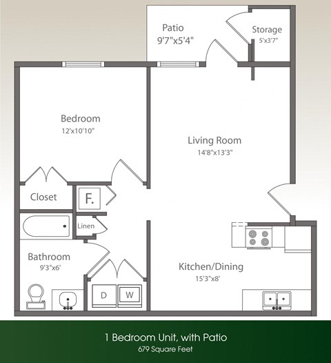 Floor plan for 1 bed, 1 bath, 679 sqft