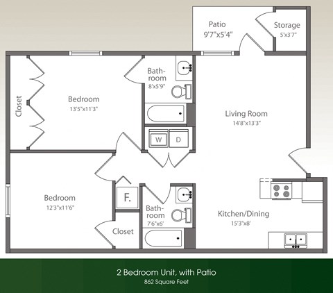Floor plan for 2 beds, 2 baths, 862 sqft