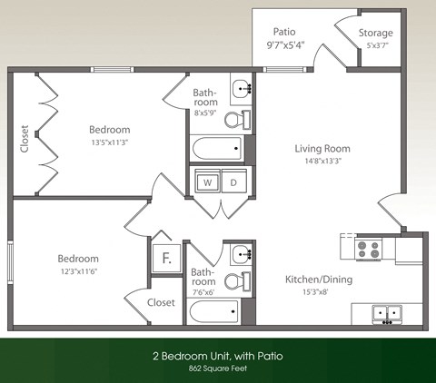 Floor plan for 2 beds, 2 baths, 862 sqft