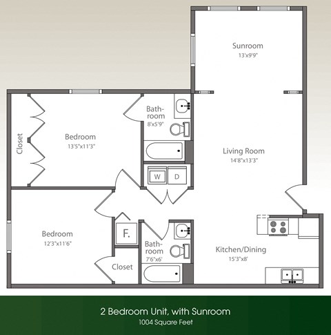Floor plan for 2 beds, 2 baths, 1004 sqft