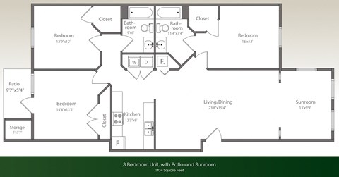 Floor plan for 3 beds, 2 baths, 1434 sqft
