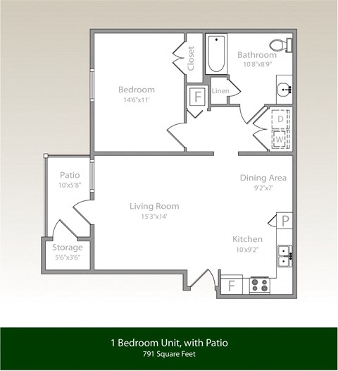 Floor plan for 1 bed, 1 bath, 791 sqft