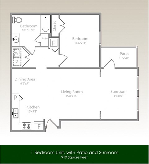 Floor plan for 1 bed, 1 bath, 919 sqft