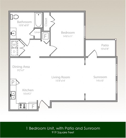 Floor plan for 1 bed, 1 bath, 919 sqft