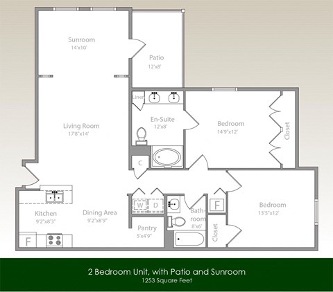 Floor plan for 2 beds, 2 baths, 1253 sqft