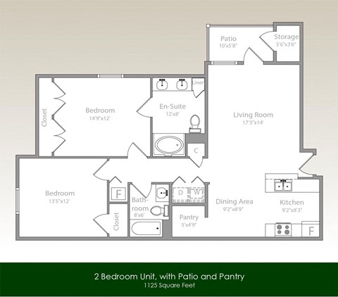 Floor plan for 2 beds, 2 baths, 1125 sqft
