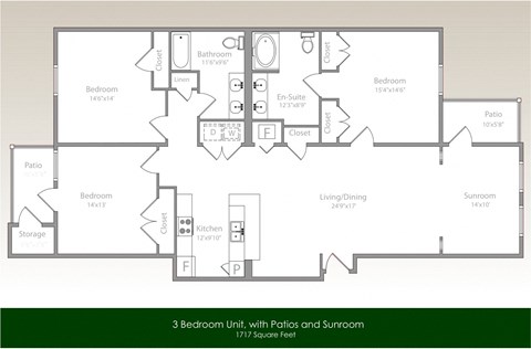 Floor plan for 3 beds, 2 baths, 1717 sqft