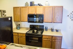 Duncan apartment for rent - A kitchen with wooden cabinets and black appliances.
