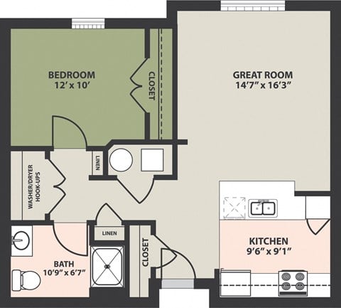 Floor plan for 1 bed, 1 bath