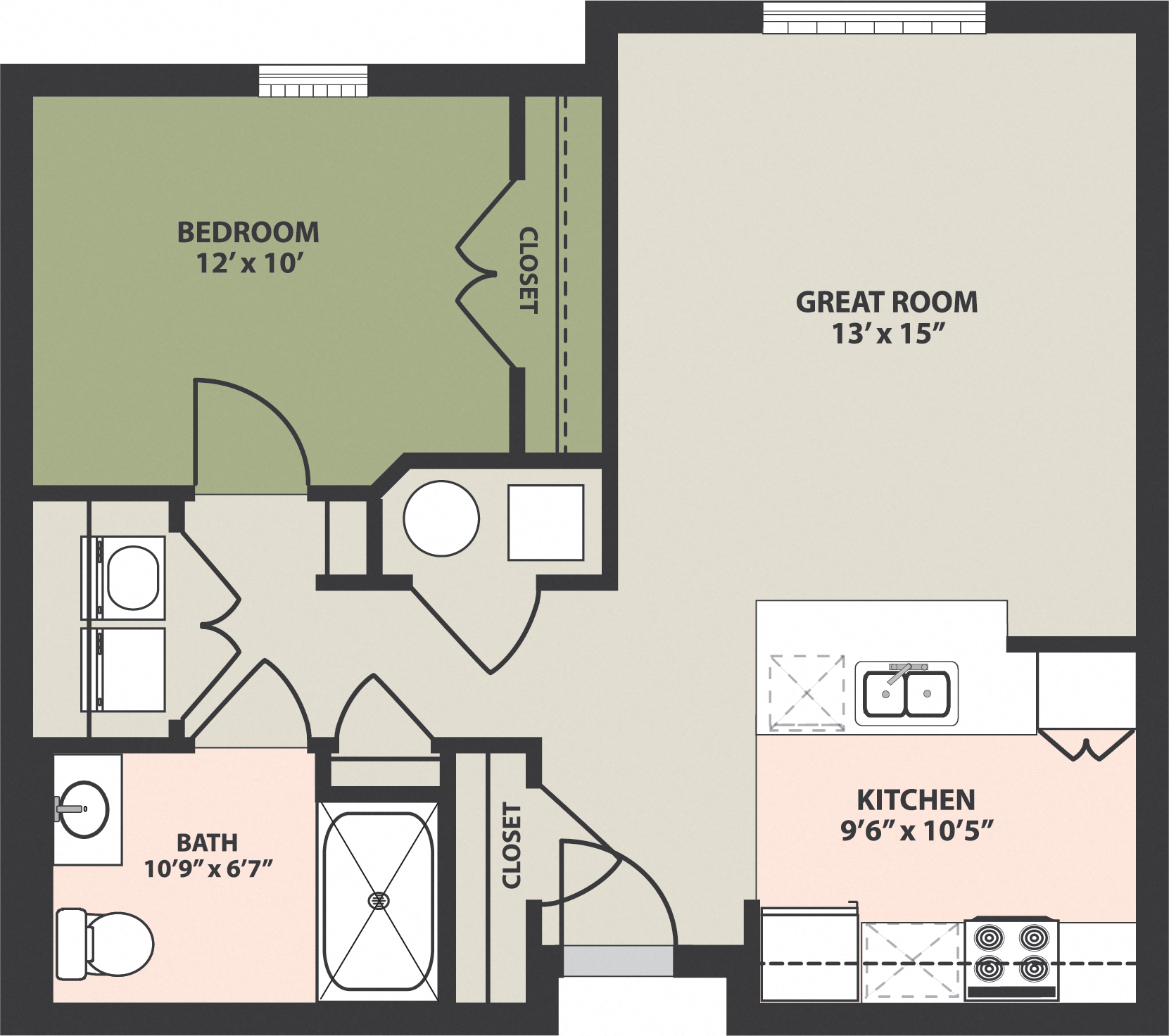 Floor plan for 1 bed, 1 bath