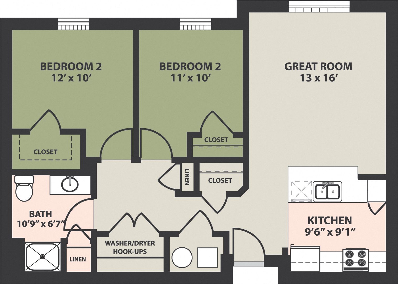 Floor plan for 2 beds, 1 bath