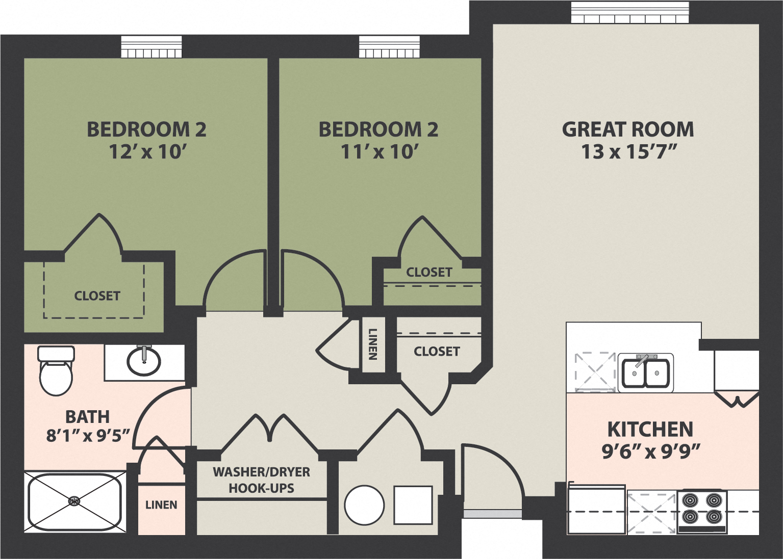 Floor plan for 2 beds, 1 bath