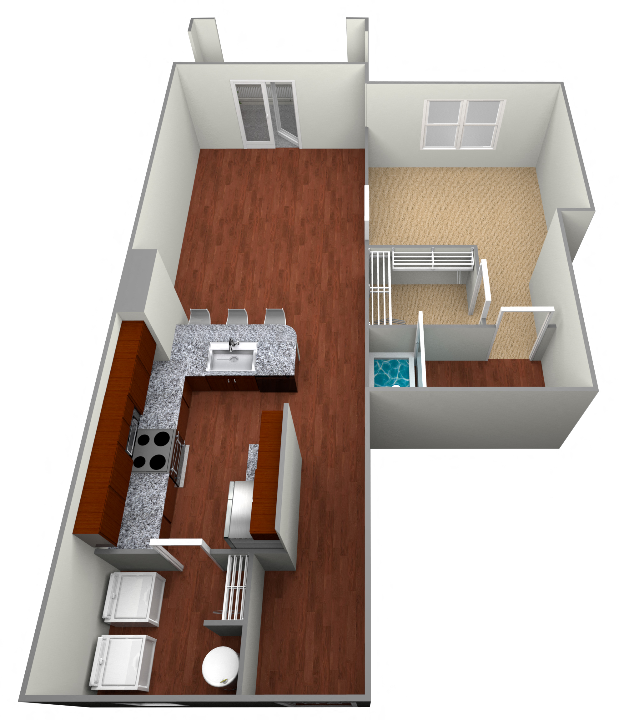 Floor plan for 1 bed, 1 bath, 742 sqft