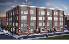 Philadelphia apartment for rent - a rendering of a brick apartment building with pedestrians and cyclists