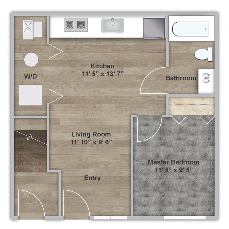 Floor plan for 1 bed, 1 bath, 576 sqft