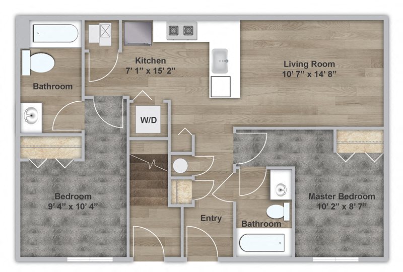 Floor plan for 2 beds, 2 baths, 864 sqft