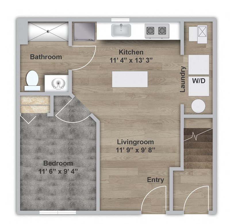 Floor plan for 1 bed, 1 bath, 576 sqft