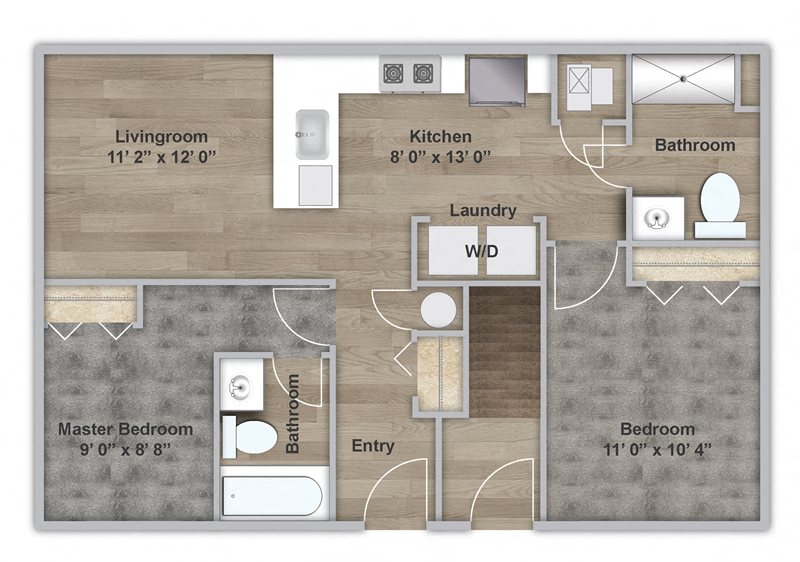 Floor plan for 2 beds, 2 baths, 864 sqft