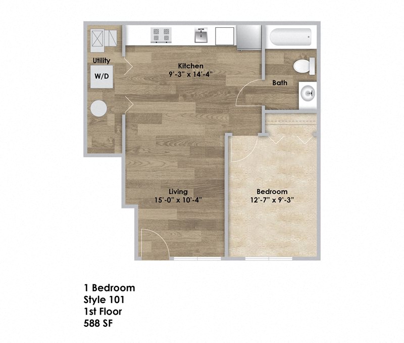 Floor plan for 1 bed, 1 bath, 588 sqft