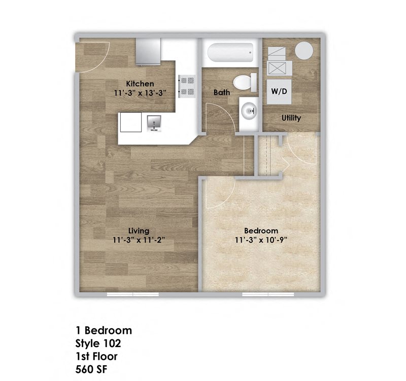 Floor plan for 1 bed, 1 bath, 560 sqft