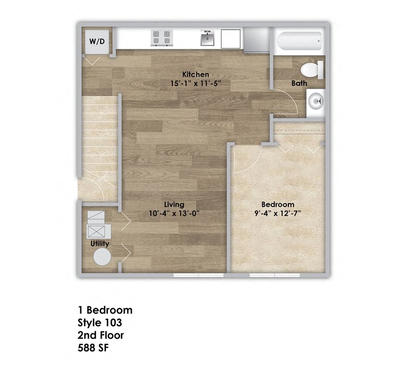 Floor plan for 1 bed, 1 bath, 588 sqft