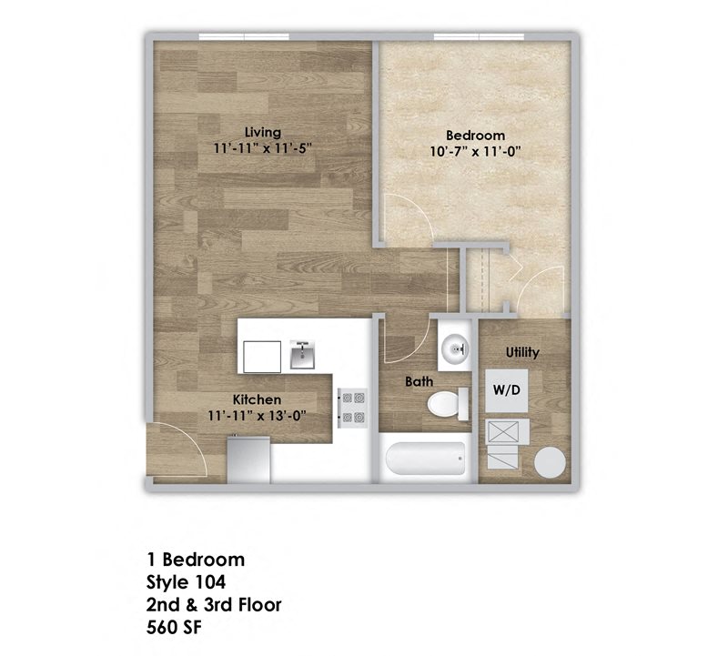 Floor plan for 1 bed, 1 bath, 560 sqft