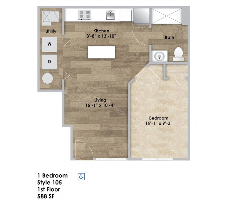 Floor plan for 1 bed, 1 bath, 588 sqft
