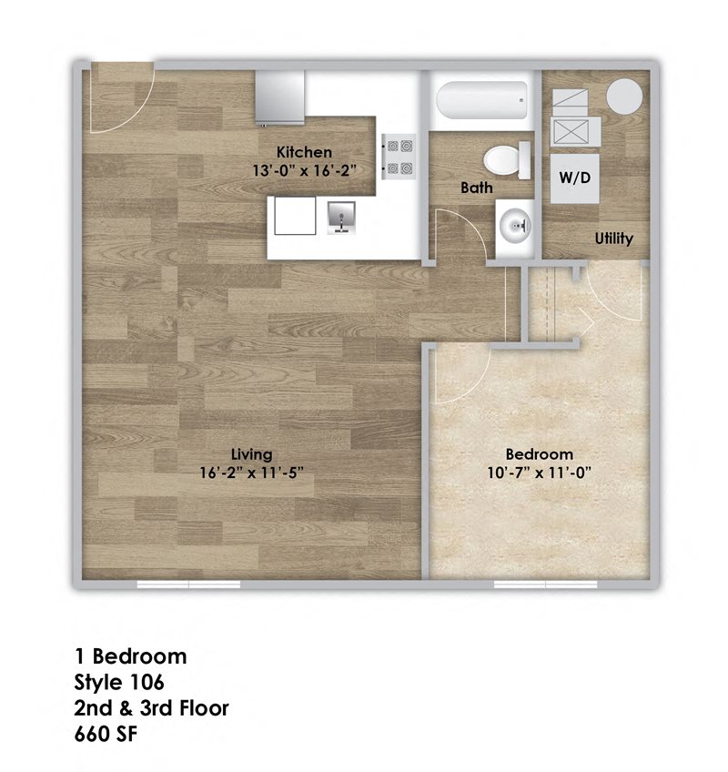 Floor plan for 1 bed, 1 bath, 660 sqft