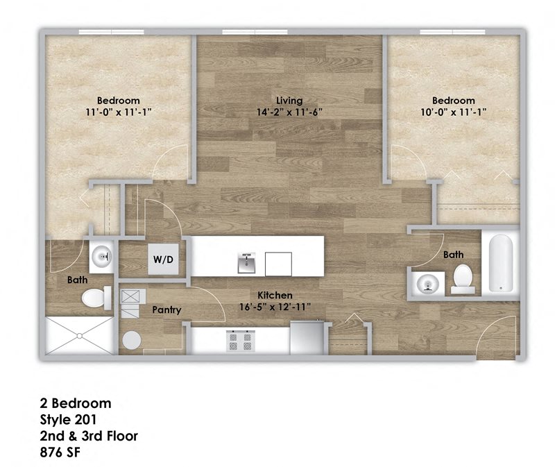 Floor plan for 2 beds, 2 baths, 876 sqft