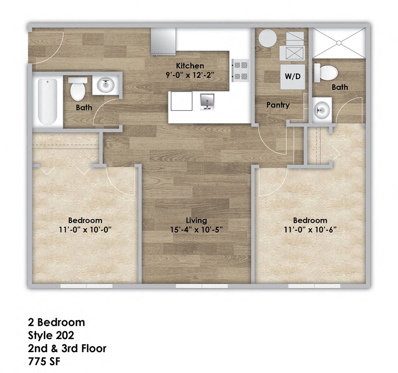 Floor plan for 2 beds, 2 baths, 775 sqft