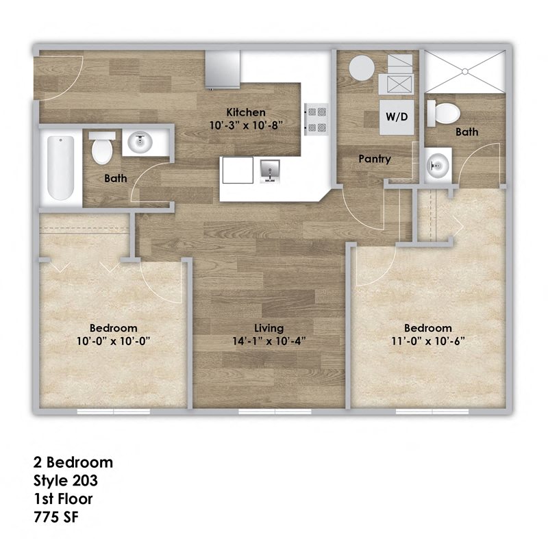 Floor plan for 2 beds, 2 baths, 775 sqft