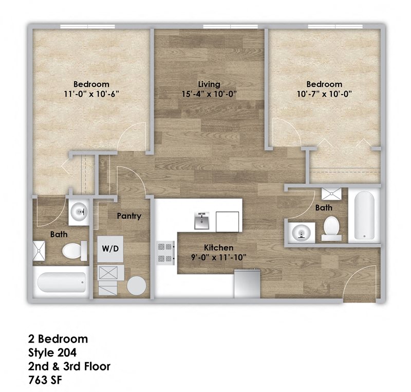 Floor plan for 2 beds, 2 baths, 763 sqft