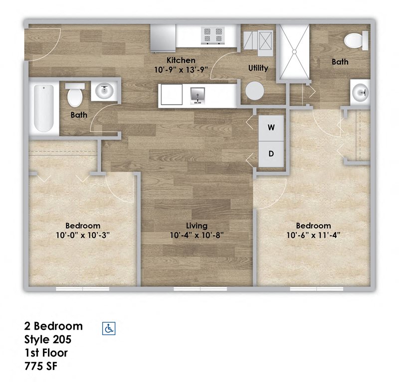 Floor plan for 2 beds, 2 baths, 775 sqft