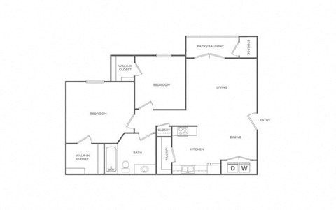 Floor plan for 2 beds, 1 bath, 705 sqft