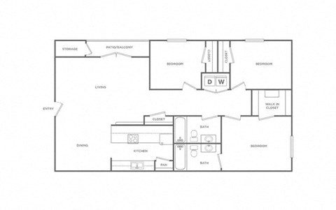 Floor plan for 3 beds, 2 baths, 998 sqft