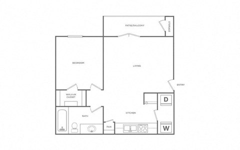 Floor plan for 1 bed, 1 bath, 563 sqft