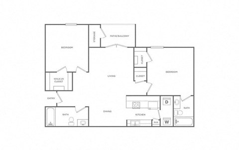 Floor plan for 2 beds, 2 baths, 893 sqft
