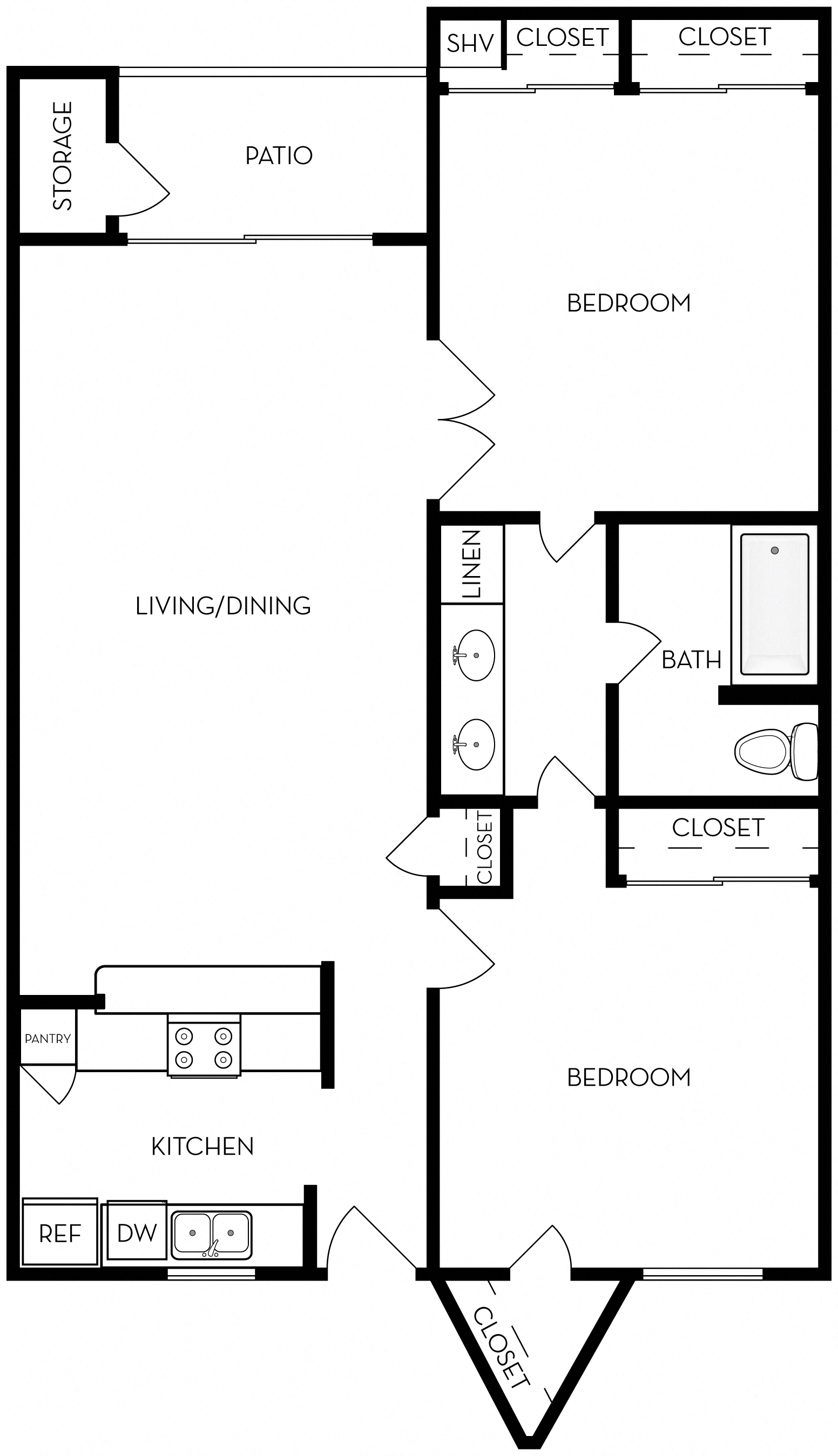 Floor plan for 1 bed, 1 bath, 934 sqft