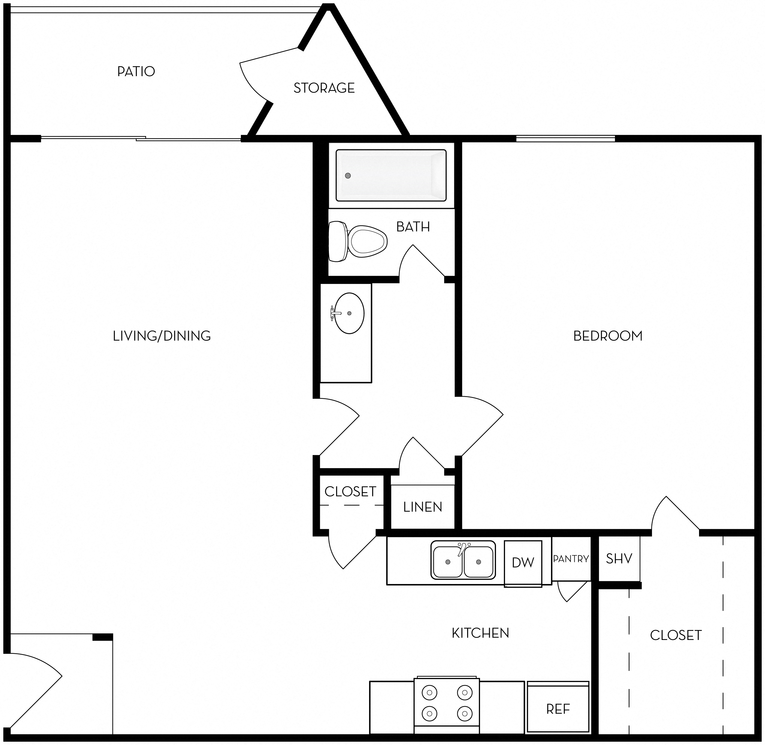 Floor plan for 1 bed, 1 bath, 720 sqft