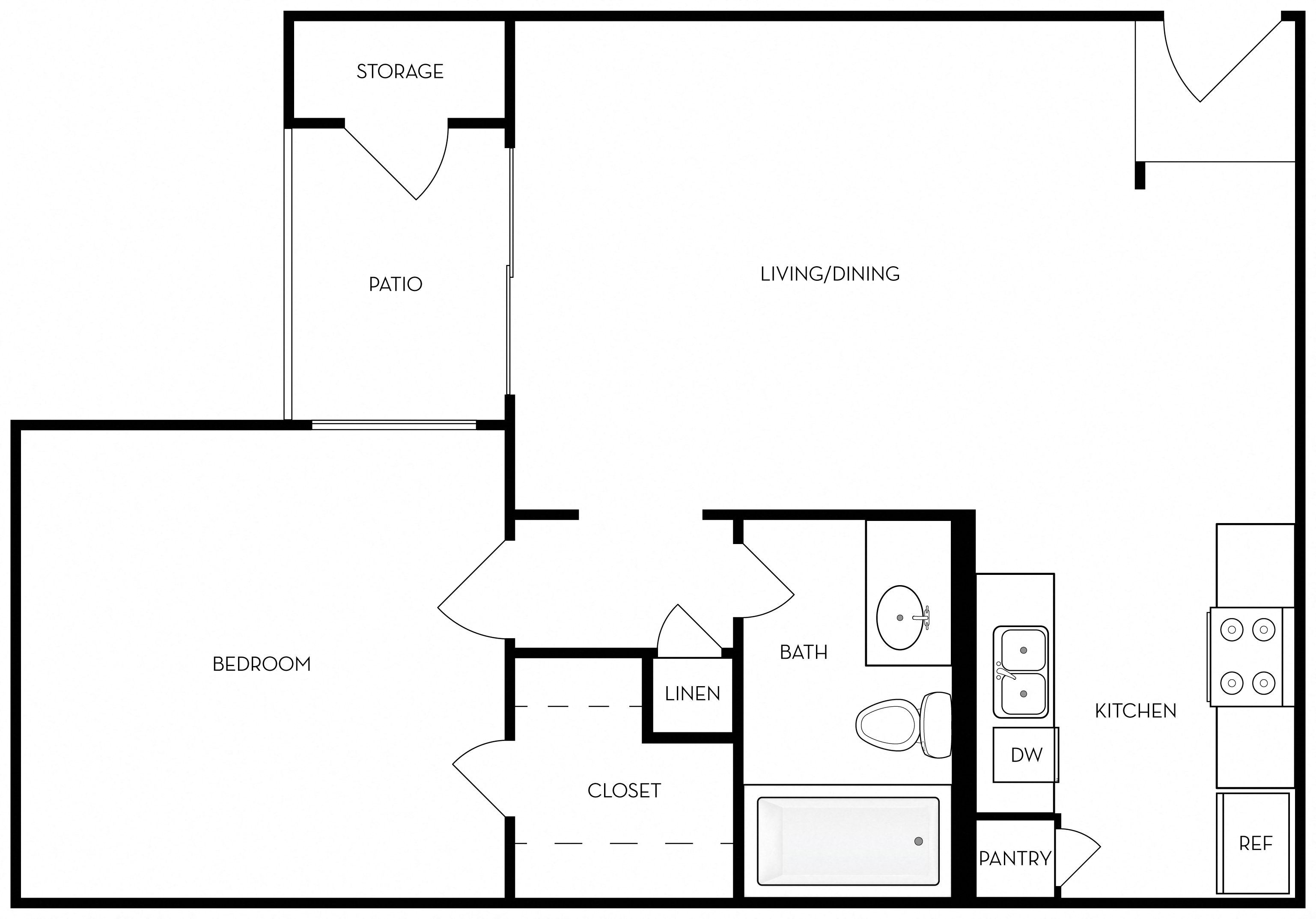 Floor plan for 1 bed, 1 bath, 573 sqft